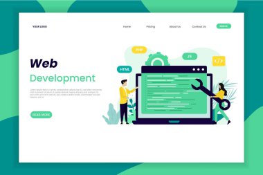 Web uygulaması geliştirme sayfası şablonu. Web sitesi tasarım şablonu. Tasarımı düzenlemek kolaydır ve iniş sayfaları, Ui, mobil uygulamalar, posterler, afişler ve daha fazlası için kullanılabilir