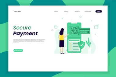 Ticari finans ve ticaret konsepti için çevrimiçi güvenlik ödeme iniş sayfası. Web sitesi tasarım şablonu. Tasarımı düzenlemek kolaydır ve iniş sayfaları, Ui, mobil uygulamalar, posterler için kullanılabilir