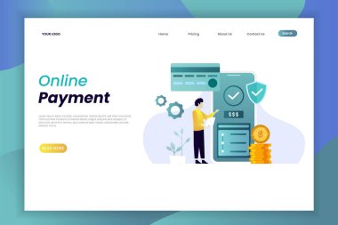 Çevrimiçi ödeme sayfası illüstrasyon işi finans ve ticaret konsepti. Web sitesi tasarım şablonu. Tasarımı düzenlemek kolaydır ve iniş sayfaları, Ui, mobil uygulamalar, posterler için kullanılabilir