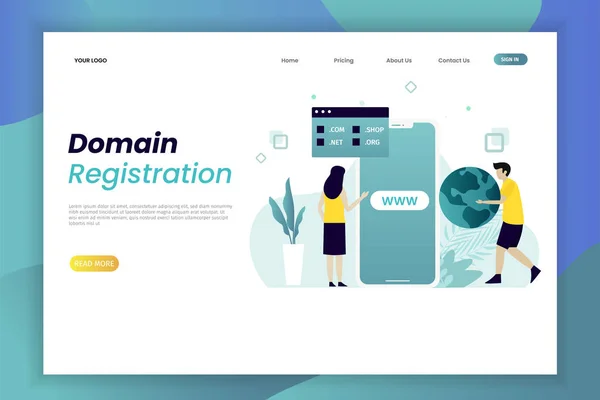 Domain Registration Illustration Concept Character Landing Page Template — Stock Vector