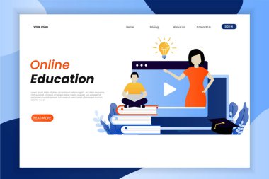 Çevrimiçi eğitim ve internet sitesi için e-öğrenme konsepti. İniş sayfası şablonu