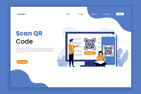 QR code scanning illustration landing page template. Scan QR code for payment and everything.