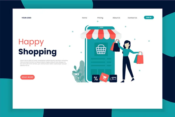 Online Shopping Landing Page Illustration Template Happy Woman Shopping Landing — Stock Vector