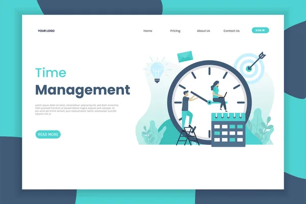 Modelo Design Plano Uma Landing Page Gerenciamento Tempo Com Caráter —  Vetores de Stock