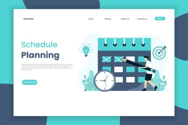 Düz tasarım planlama programı iniş sayfası şablonu. Erkekler takvimdeki gündemi doldurur
