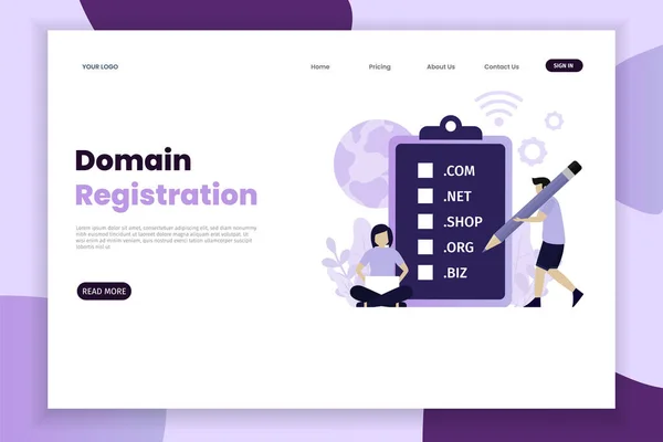 Conceito Registro Domínio Landing Page Com Caráter Modelo Página Destino —  Vetores de Stock