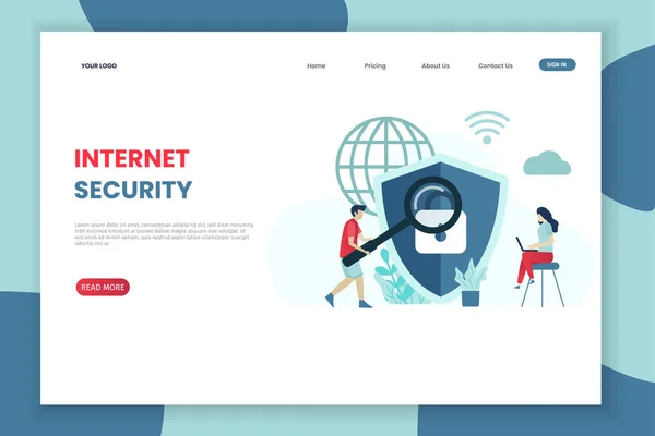 Plantilla Landing Page Seguridad Internet Con Dos Personas Hombre Mujer — Archivo Imágenes Vectoriales