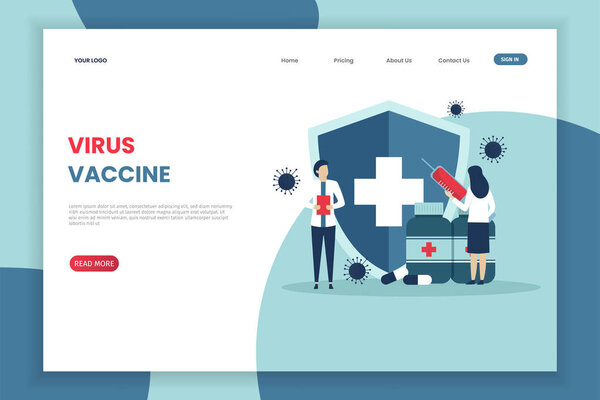 Medical vaccination, Health care immunization covid-19 illustration landing page template. Landing page for site
