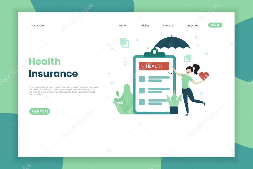 Modern flat health insurance illustration landing page template for site. Landing page template