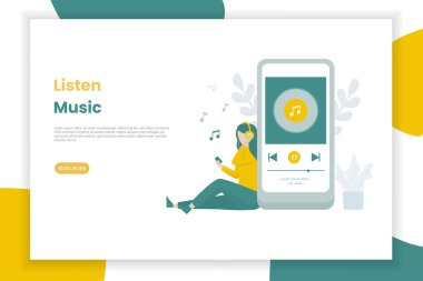 Kızlar cep telefonuyla müzik dinlerler. Bu tasarım web siteleri, iniş sayfaları, UI, mobil uygulamalar, posterler, afişler için kullanılabilir