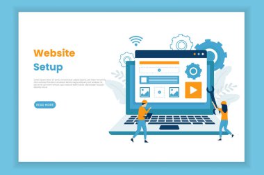 Web sitesi kurulum illüstrasyon iniş sayfası kavramı. Bu web siteleri, iniş sayfaları, mobil uygulamalar, posterler, afişler için harika.