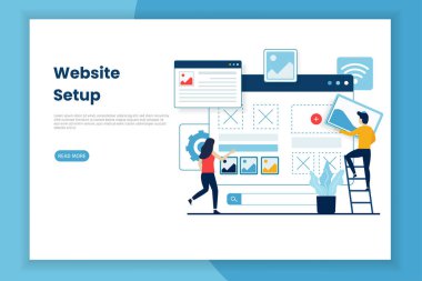 Düz tasarım web sitesi kurulum illüstrasyon web sayfası. Bu web siteleri, iniş sayfaları, mobil uygulamalar, posterler, afişler için harika.