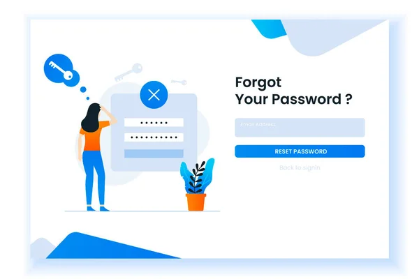 Kafası karışmış bir kadın web sayfası için şifre illüstrasyonunu unutmuş. Bu tasarım web siteleri, iniş sayfaları, UI, mobil uygulamalar, posterler, afişler için kullanılabilir