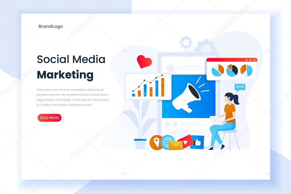 Illustration of social media marketing analyst landing page template. Modern flat design concept business marketing strategy, business analysis for web page, mobile applications, posters, banners