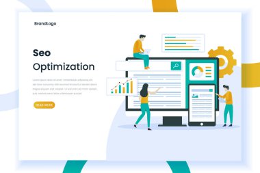 Seo web illüstrasyon konsepti. Web sitesi analizi, web sitesi optimizasyonu. Bu illüstrasyon web siteleri, pankartlar, mobil uygulamalar ve diğerleri için kullanılabilir.