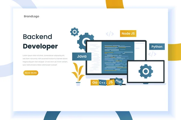 Flat Design Backend Developer Landing Page Χτίζοντας Μια Μηχανή Εικονογράφηση — Διανυσματικό Αρχείο