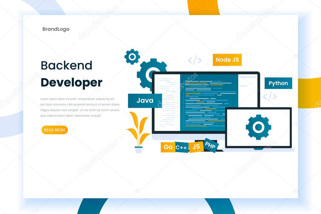 Flat design backend developer landing page. Building a website illustration engine. This illustration can be used for websites, banners, mobile apps and others