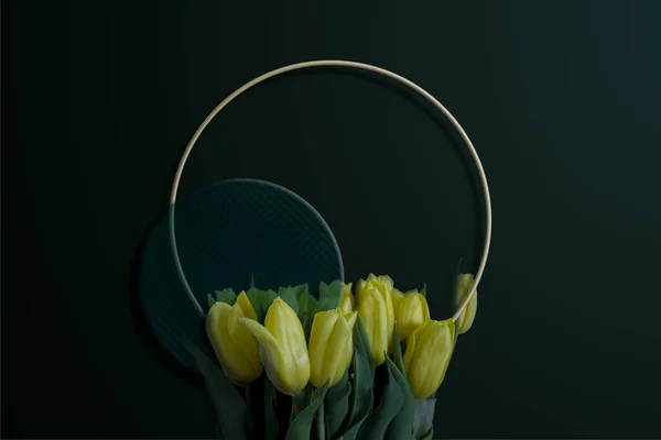 Minimalist black style layout with yellow tulips bouquet and gold circle frame. Black background. Realistic composition. Template for poster, banner, weeding invitation. Copy space for text.