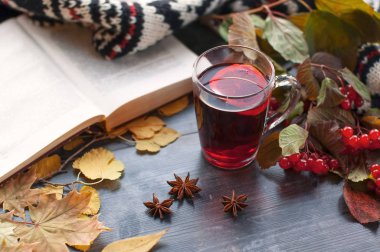 Limon, bir kitap ile kırmızı çay sıcak bir kupa ile rahat sonbahar fotoğraf