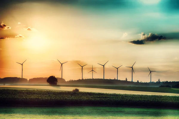 Surreale alba del mattino sui campi con turbine eoliche sullo sfondo — Foto Stock