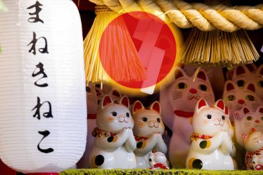 Japon şanslı kedisi kırmızı güneş ile bir tebrik kartı yaptı (altyazı: Şanslı Kedi, Jin Yun Laifu)