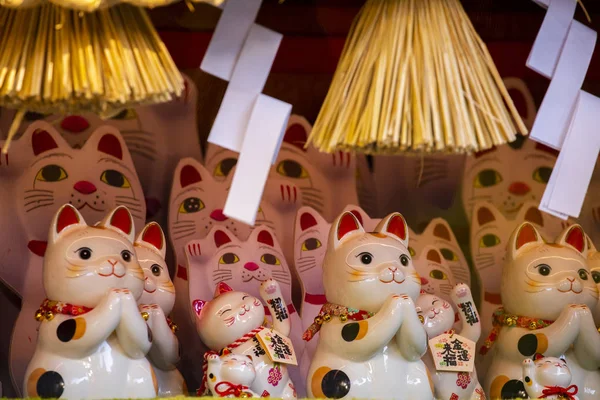 Skupina Keramických Japonských Šťastných Koček Vitríně Podtitul Lucky Cat Jin — Stock fotografie