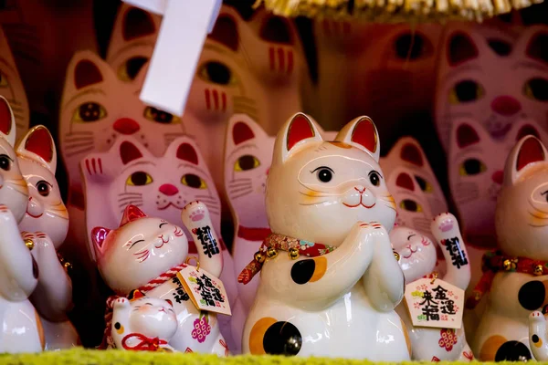 Grupo Gatos Sorte Japoneses Cerâmicos Armário Exibição Subtítulo Lucky Cat — Fotografia de Stock