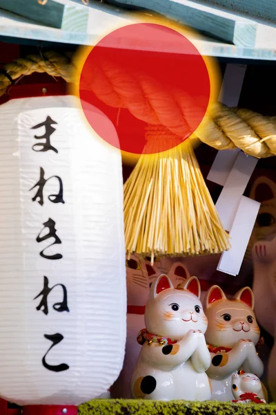 Gato Afortunado Japonés Hizo Una Tarjeta Felicitación Con Sol Rojo — Foto de Stock