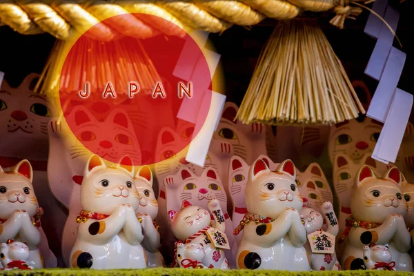 Grupo Gatos Sorte Japoneses Cerâmicos Armário Exibição Subtítulo Lucky Cat — Fotografia de Stock