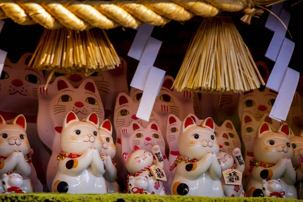 Grupo Gatos Sorte Japoneses Cerâmicos Armário Exibição Subtítulo Lucky Cat — Fotografia de Stock