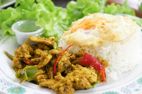 Rice, stir fried hot and spicy curry with chicken and fried egg — Stock Photo, Image