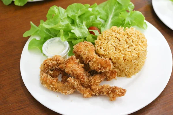 Arroz frito y pollo frito empanado en plato blanco — Foto de Stock