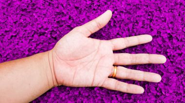 mor renk çim zemin, desmodium trif üzerine el ile rahatlayın