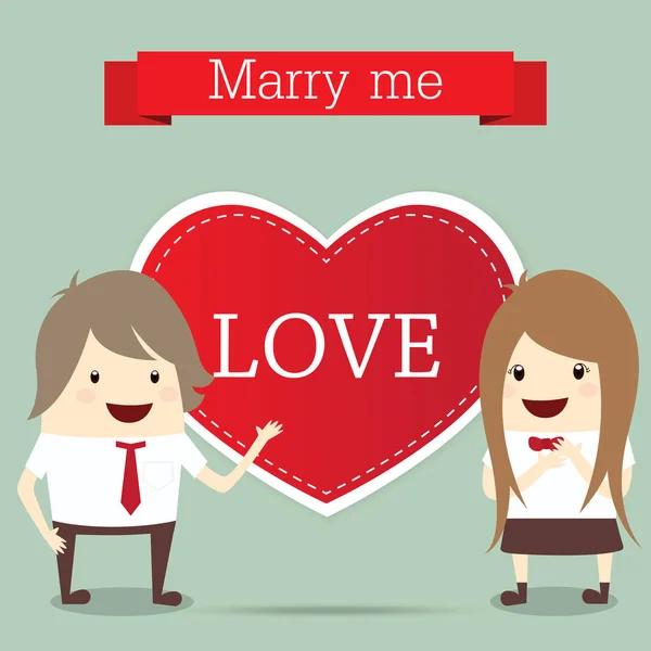 Zakelijke man en vrouw met rood hart trouwde met uitnodiging bruiloft — Stockvector