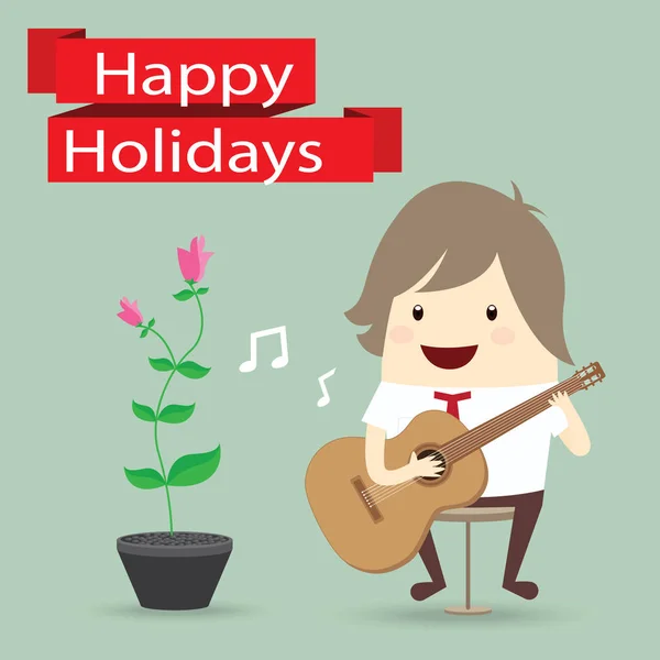 Homme d'affaires joue une guitare, fleur, joyeuses vacances — Image vectorielle