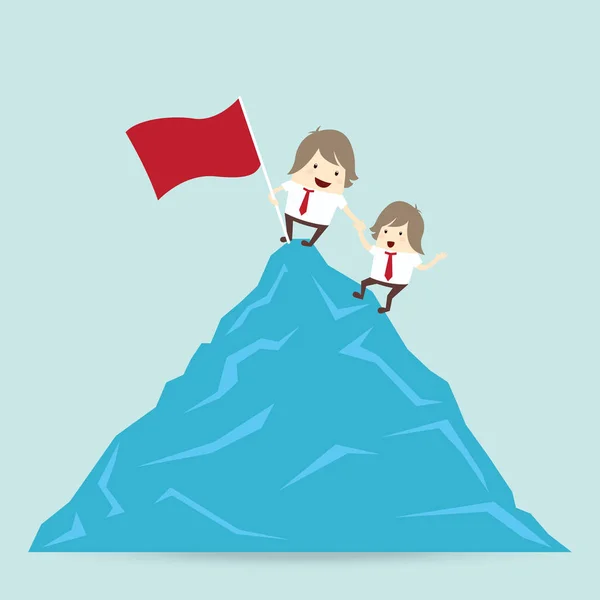 Bandera roja y el éxito empresario es ganar en la cima de la montaña h — Vector de stock