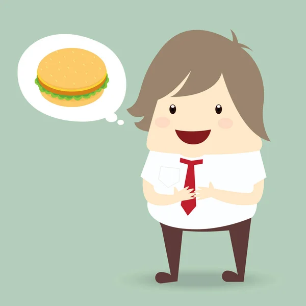 Empresário gordo está pensando quer comer hambúrguer, conceito de negócio —  Vetores de Stock