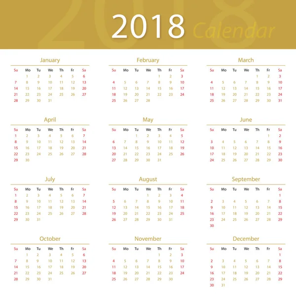 Calendrier 2018 prime populaire pour les entreprises — Image vectorielle