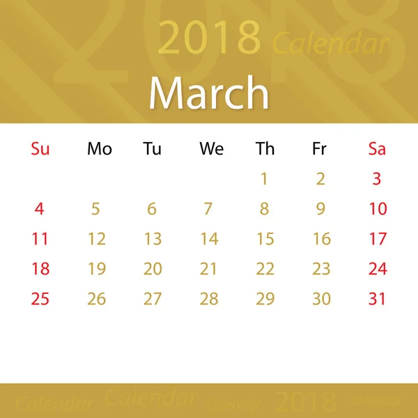 Calendario marzo 2018 prima popular para los negocios — Archivo Imágenes Vectoriales