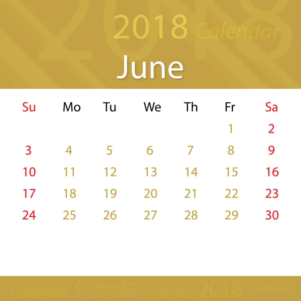 Junio 2018 calendario popular prima para los negocios — Vector de stock