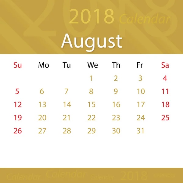 Calendrier août 2018 prime populaire pour les entreprises — Image vectorielle