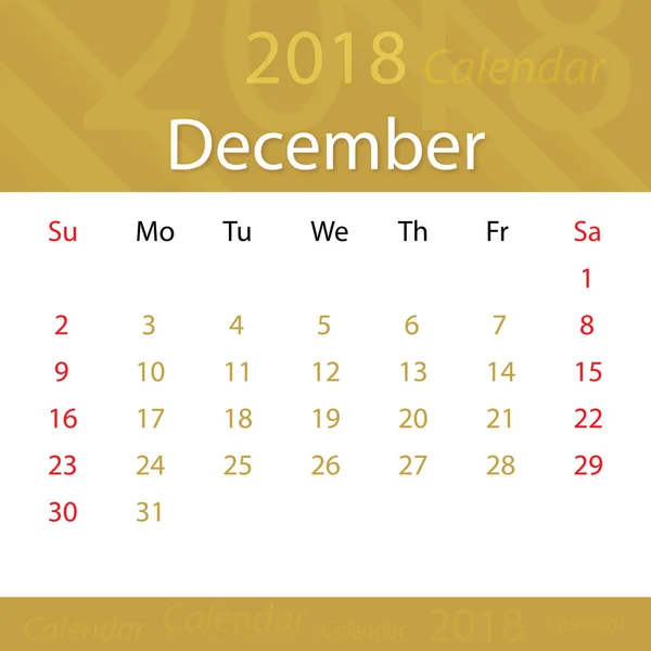 Diciembre 2018 calendario popular prima para los negocios — Archivo Imágenes Vectoriales