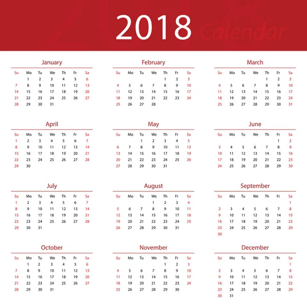 2018 calendario popular prima roja para el negocio — Vector de stock