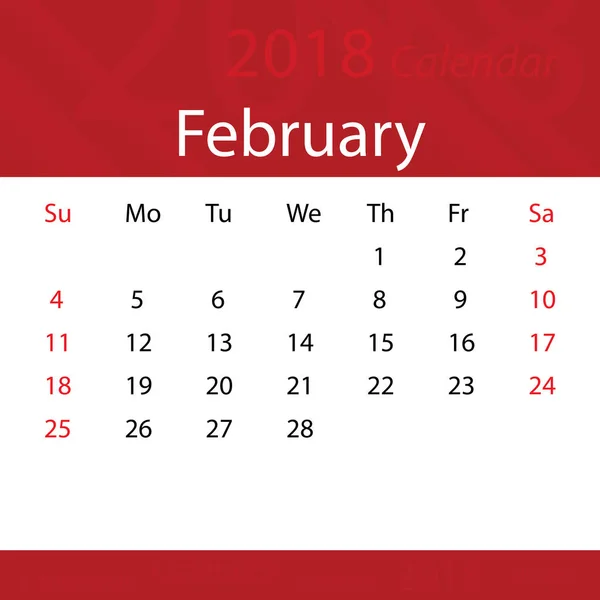 Febrero 2018 calendario popular prima roja para el negocio — Archivo Imágenes Vectoriales