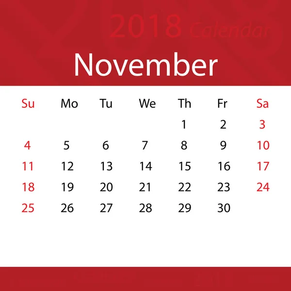 Novembro 2018 calendário popular prémio vermelho para negócios — Vetor de Stock