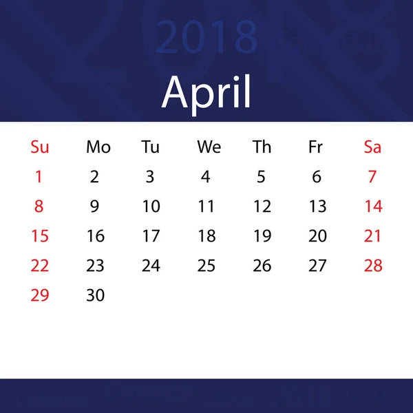 Ημερολόγιο Απριλίου 2018 δημοφιλή μπλε premium για επιχειρήσεις — Διανυσματικό Αρχείο