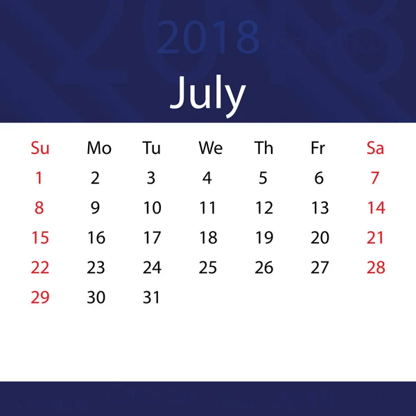 Julio 2018 calendario popular prima azul para los negocios — Vector de stock