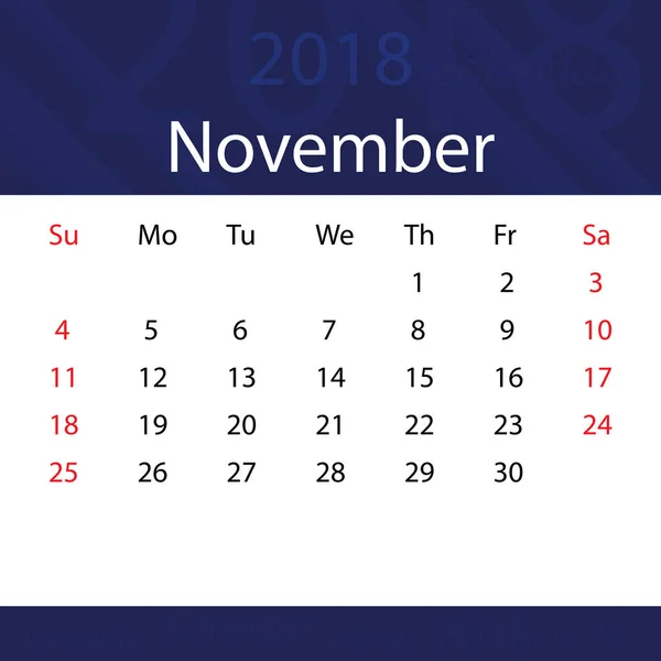 Ημερολόγιο Νοεμβρίου 2018 δημοφιλή μπλε premium για επιχειρήσεις — Διανυσματικό Αρχείο
