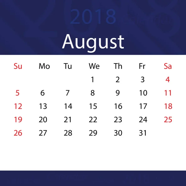 Agosto 2018 calendario popular prima azul para los negocios — Vector de stock