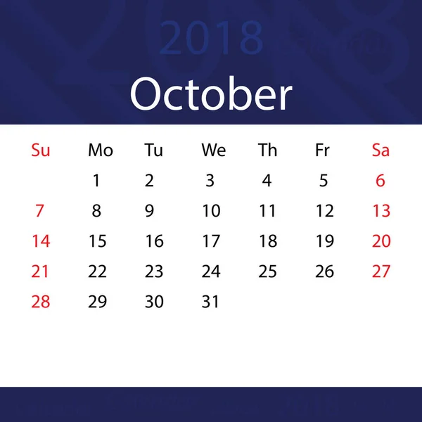 October 2018 calendar popular blue premium for business — Stock Vector